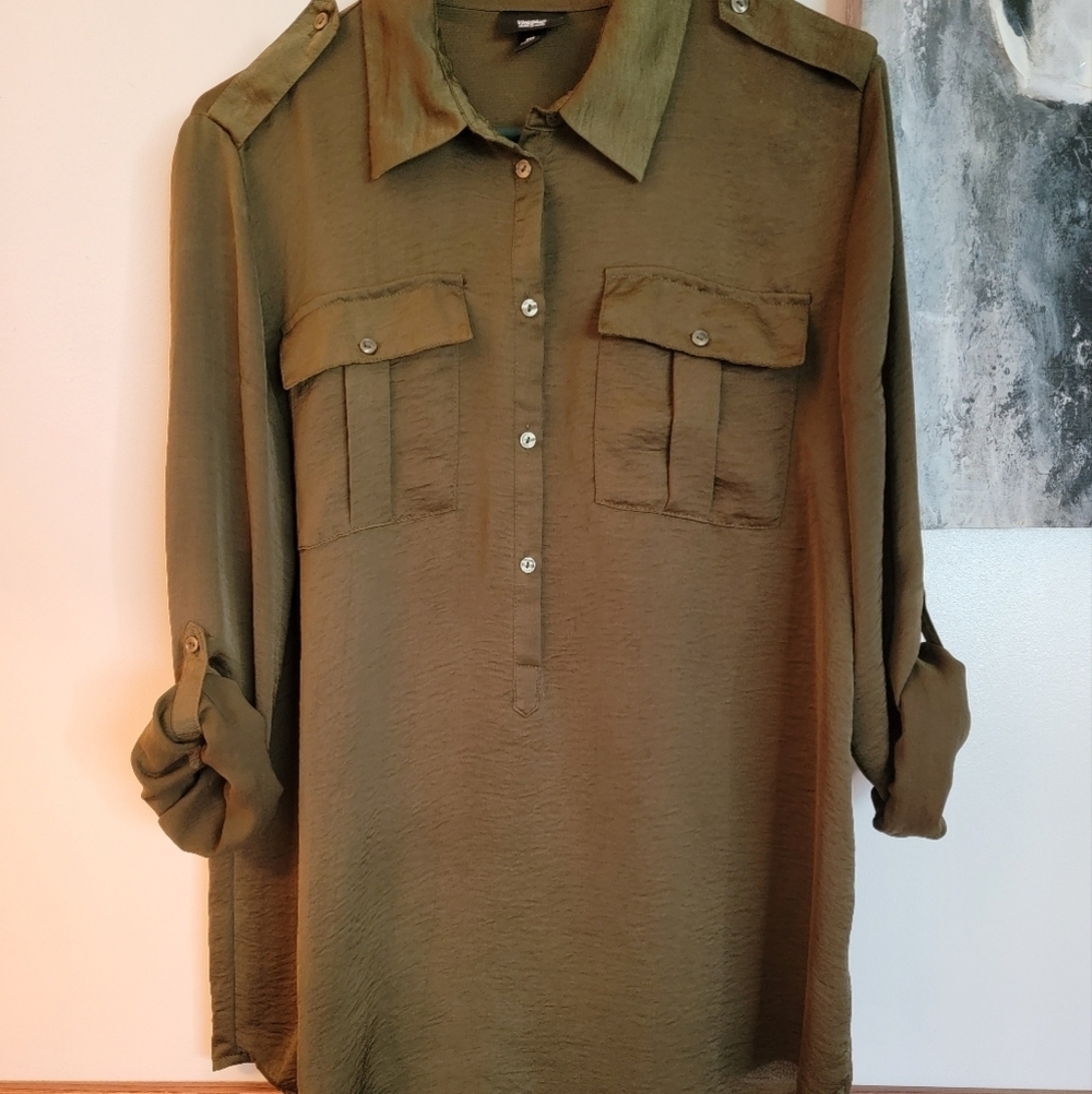 Massimo Button Down Front Blouse With Tab Sleeves, Olive Green, Size M